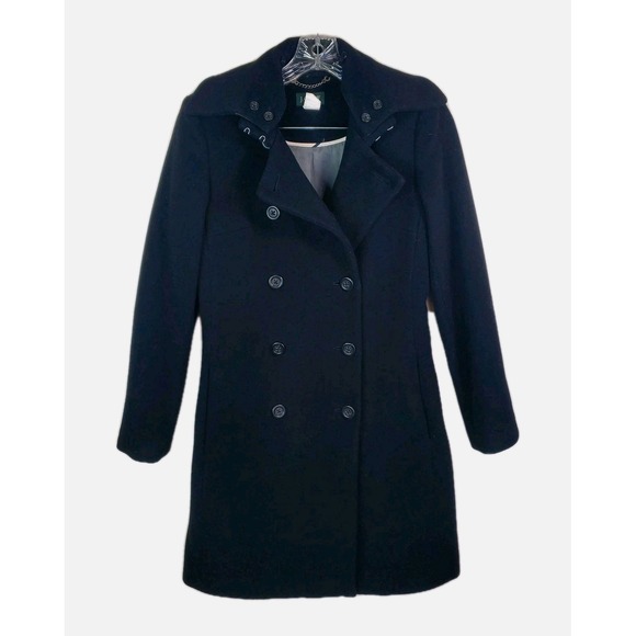 J Crew Women Wool Cashmere Long Double Breasted Lined Trench Coat Black Sz 0 XS